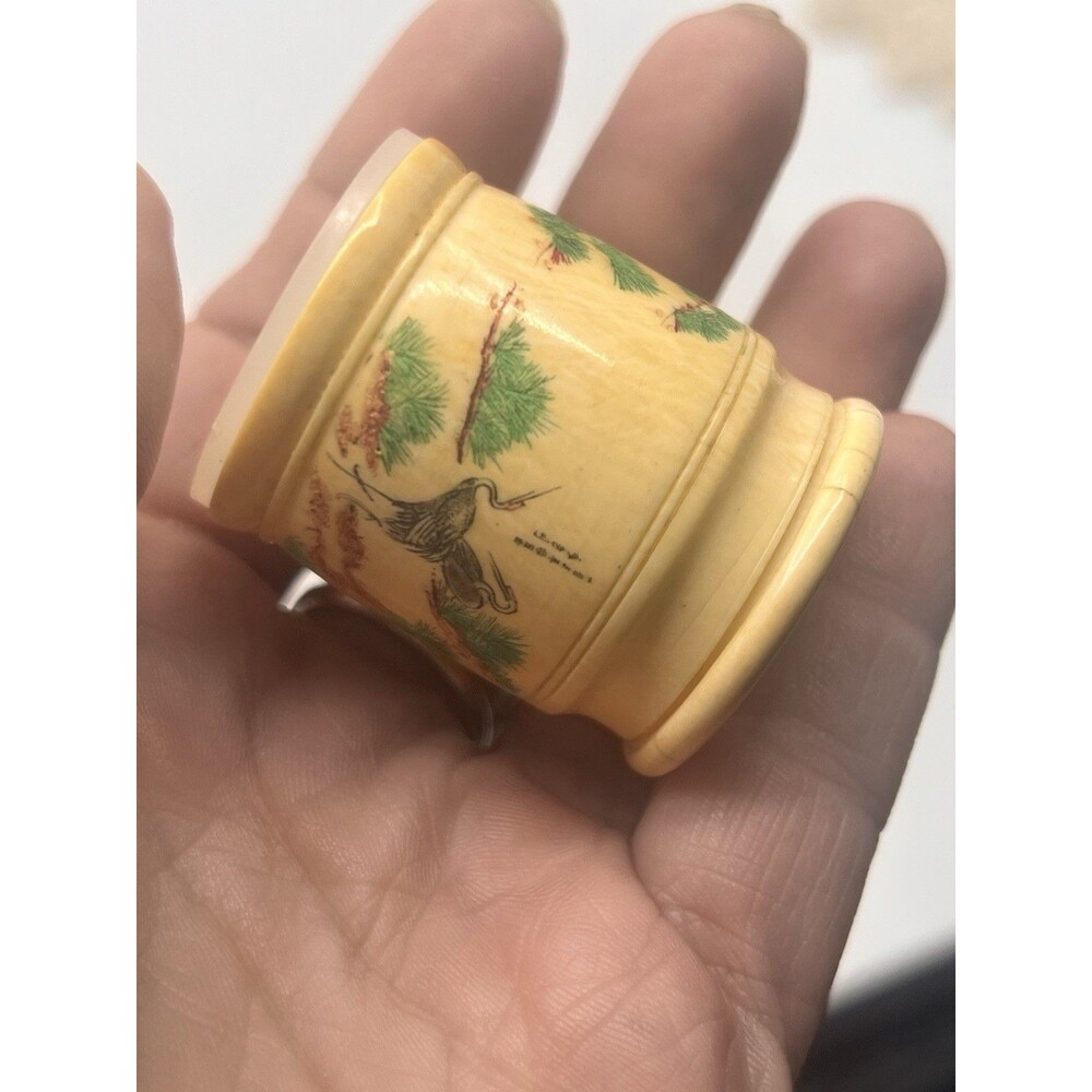 Rare 1930s Celluloid Salt & Pepper Shakers Handpainted Asian Crane Tree Motif - Picture 3 of 12